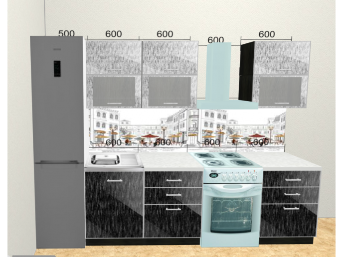 Прямая кухня Валерия-М-01 Серый металлик дождь/Черный металлик дождь