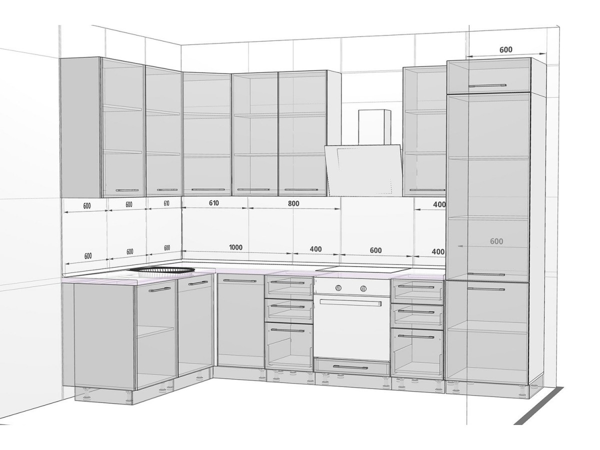 Проекты кухонных гарнитуров с размерами угловые